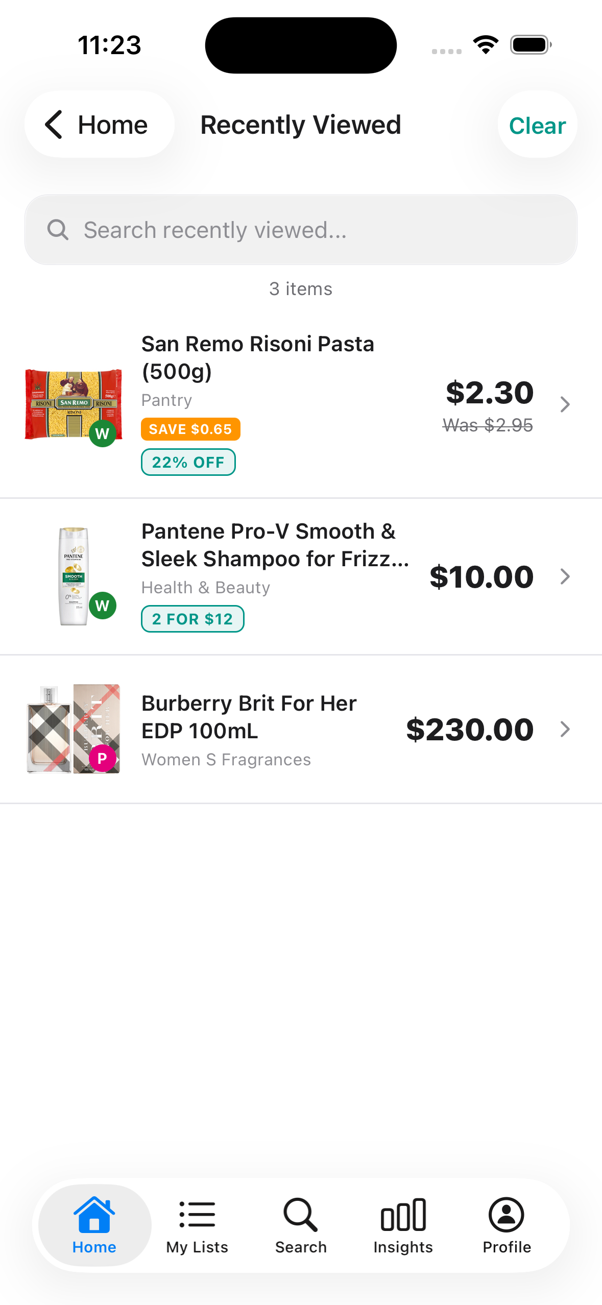 Recently Viewed in Discount Trolley with a mild San Remo was-price beside full-price Woolworths and Priceline lines.