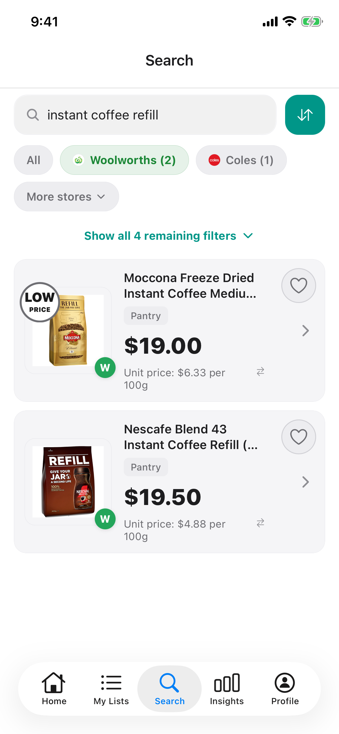 Instant coffee refills at Woolworths in Discount Trolley on 28 October 2026: Moccona Refill 300g at 19 dollars and Nescafe Blend 43 Refill 400g at 19 dollars 50.
