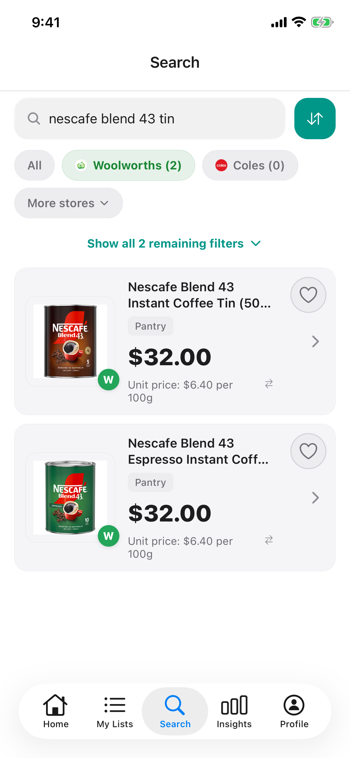 Nescafe Blend 43 tins at Woolworths in Discount Trolley on 28 October 2026: the 500g tin and the 500g Espresso tin, both at 32 dollars.