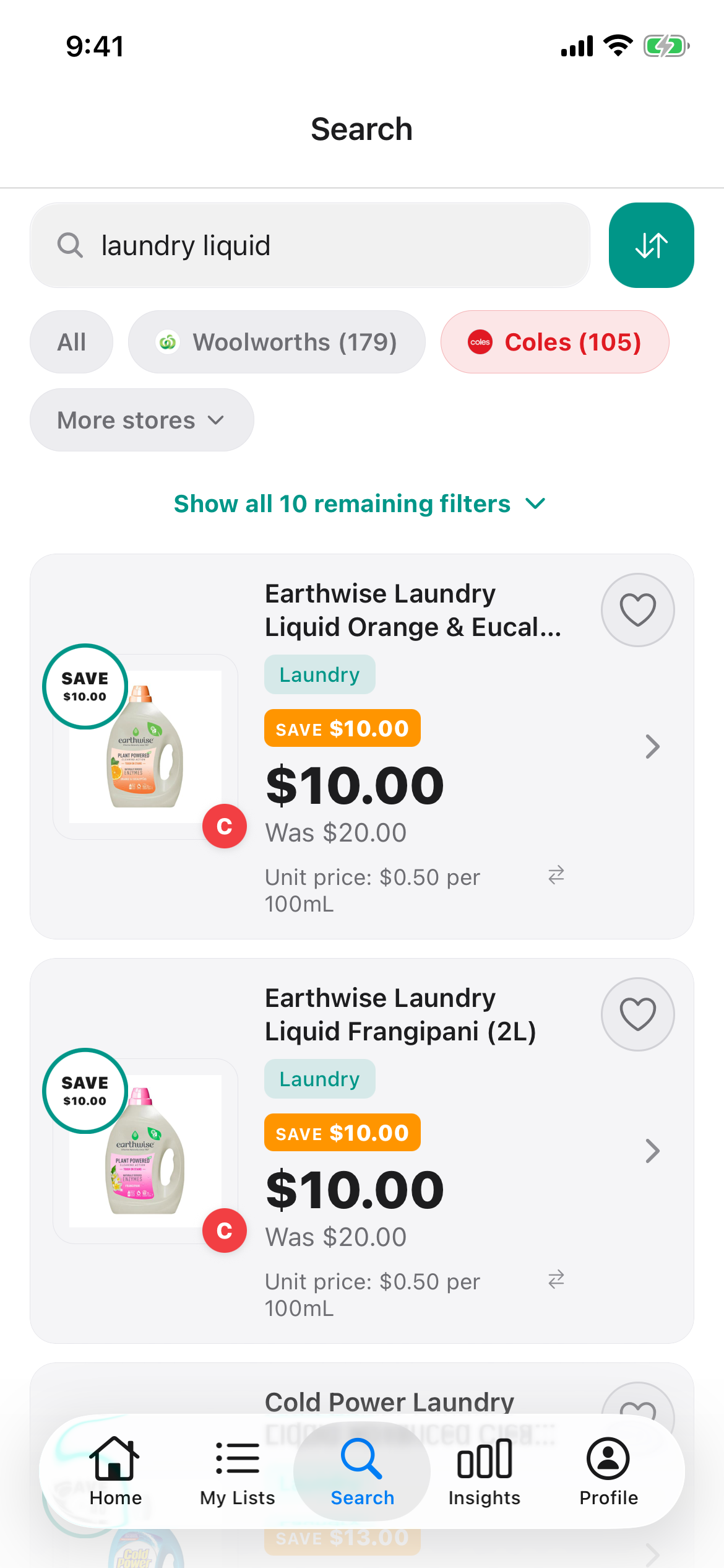 Discount Trolley Coles search for laundry liquid on 15 October 2026, showing Earthwise bottles on special with the price per 100mL under the shelf price.