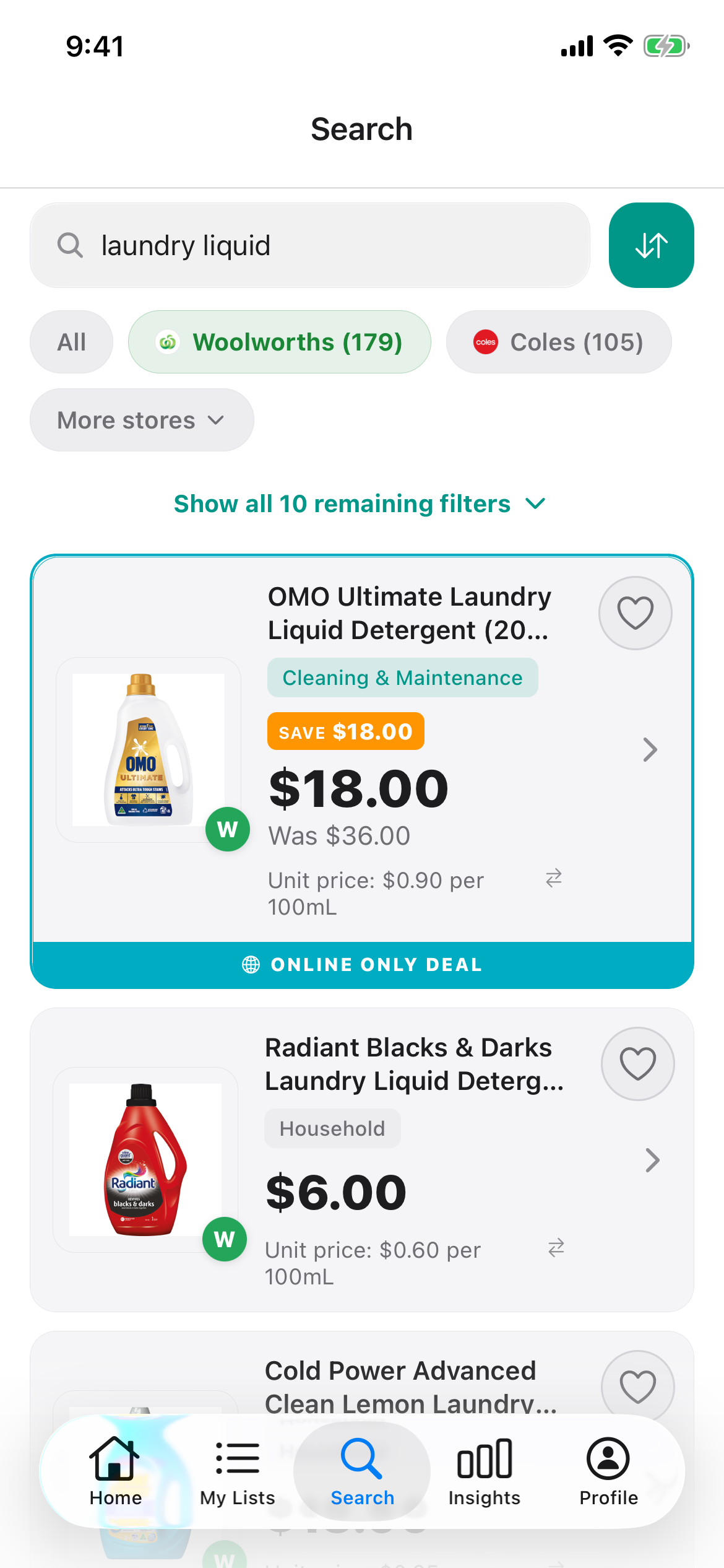Discount Trolley Woolworths search for laundry liquid on 15 October 2026, showing OMO and Radiant bottles with the price per 100mL under the shelf price.