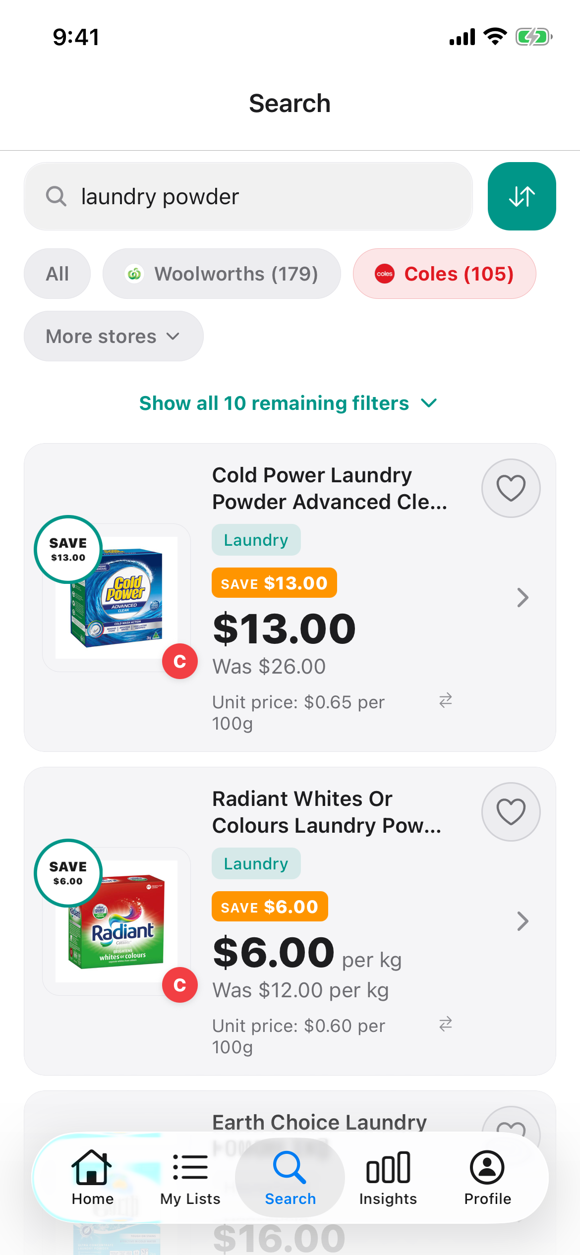Discount Trolley Coles search for laundry powder on 15 October 2026, showing Cold Power and Radiant packs on special with the price per 100g under the shelf price.
