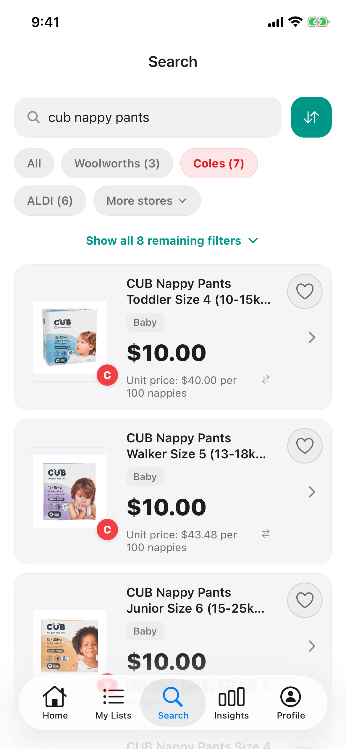 Coles search for CUB nappy pants on 19 October 2026 showing size 4, 5 and 6 packs at one shelf price, with the price per 100 nappies.