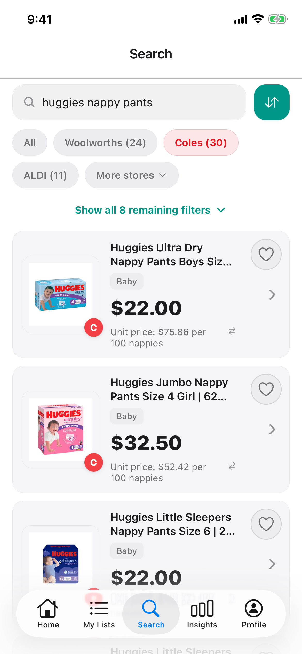 Coles search for Huggies nappy pants on 19 October 2026 showing Ultra Dry nappy pants and the size 4 Jumbo 62 pack, each with its shelf price and price per 100 nappies.