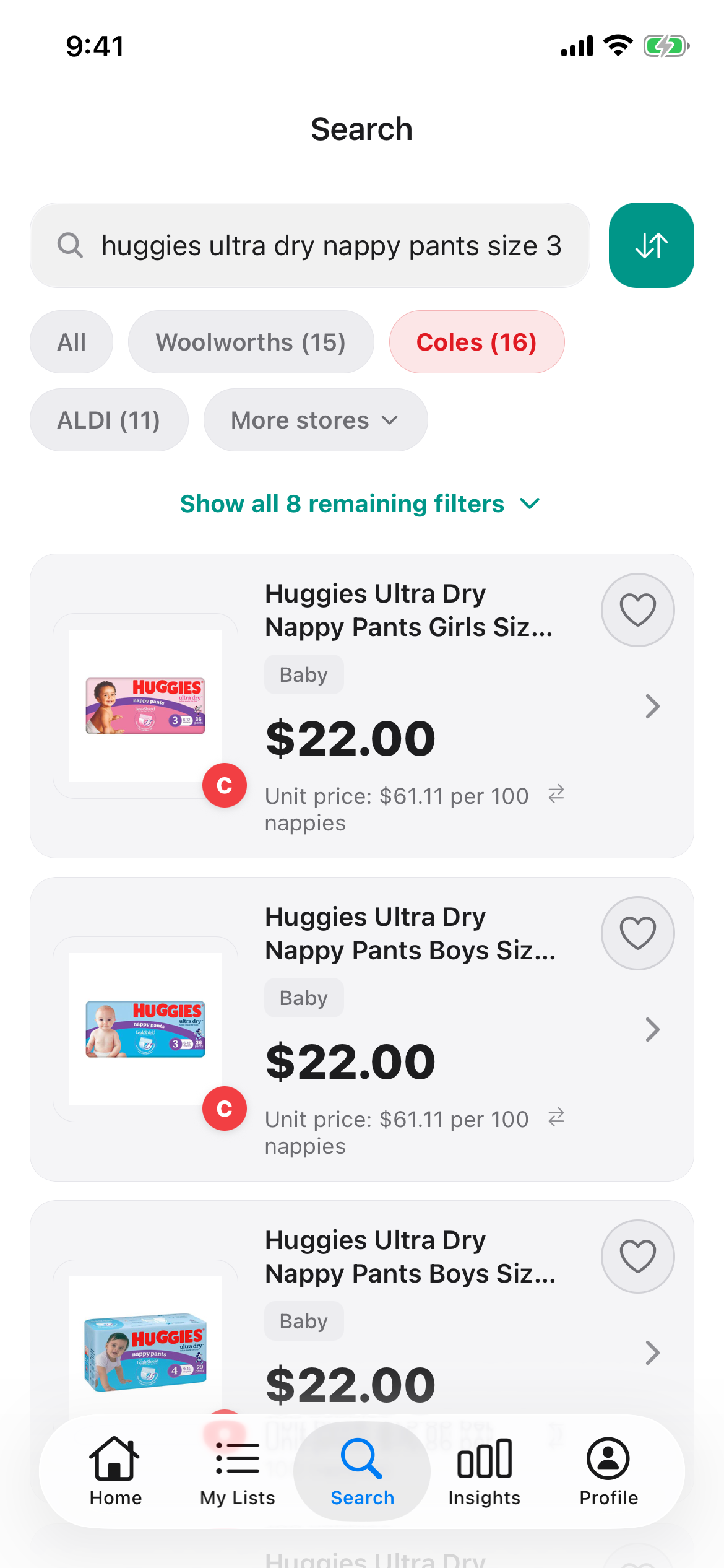 Coles search for Huggies Ultra Dry nappy pants size 3 on 19 October 2026 showing the girls and boys packs at the same shelf price and price per 100 nappies.