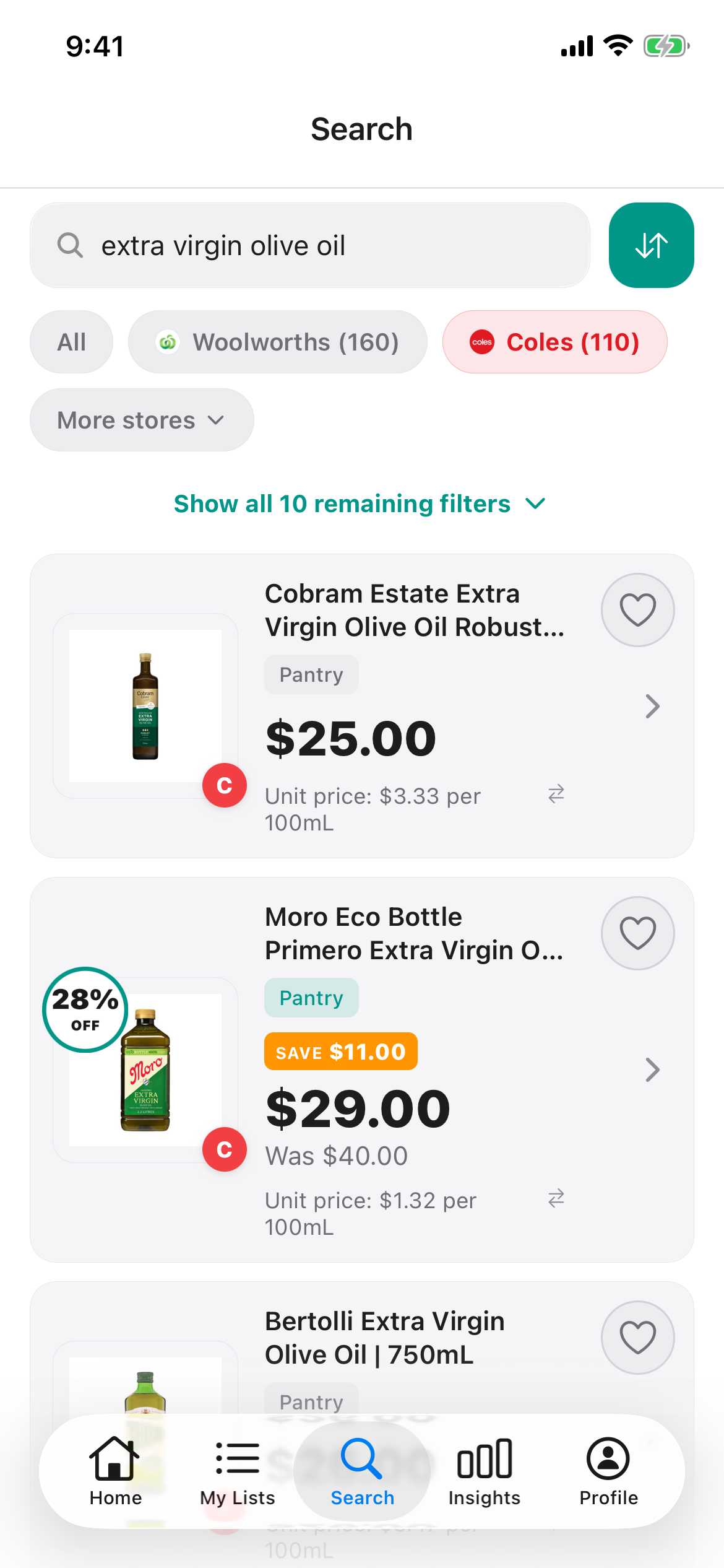 Discount Trolley Coles search for extra virgin olive oil on 13 October 2026, showing shelf price and price per 100mL on each bottle.