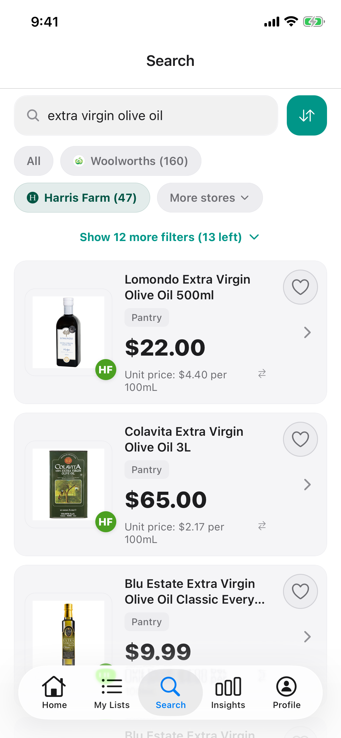 Discount Trolley Harris Farm search for extra virgin olive oil on 13 October 2026, showing shelf price and price per 100mL on each bottle.