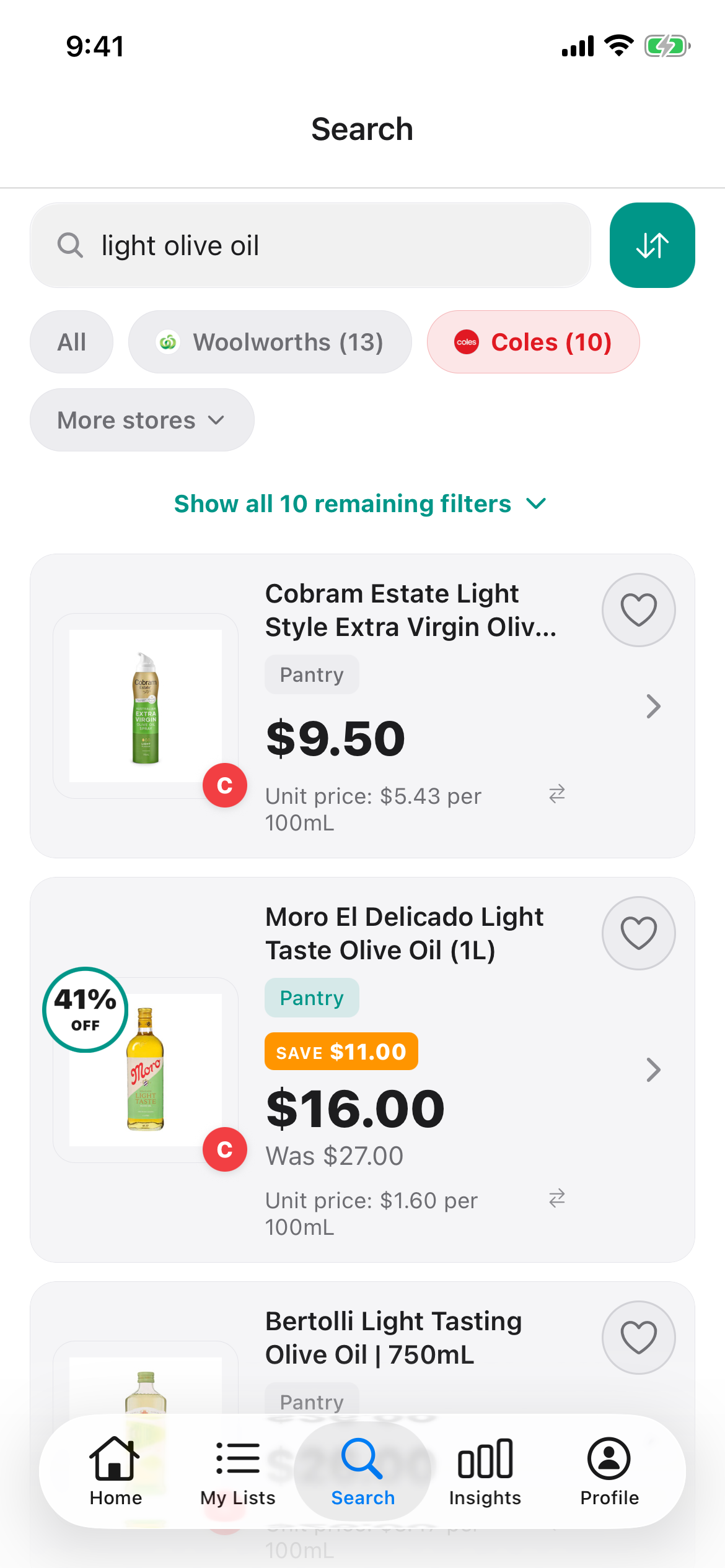 Discount Trolley Coles search for light olive oil on 13 October 2026, showing shelf price and price per 100mL on each bottle.