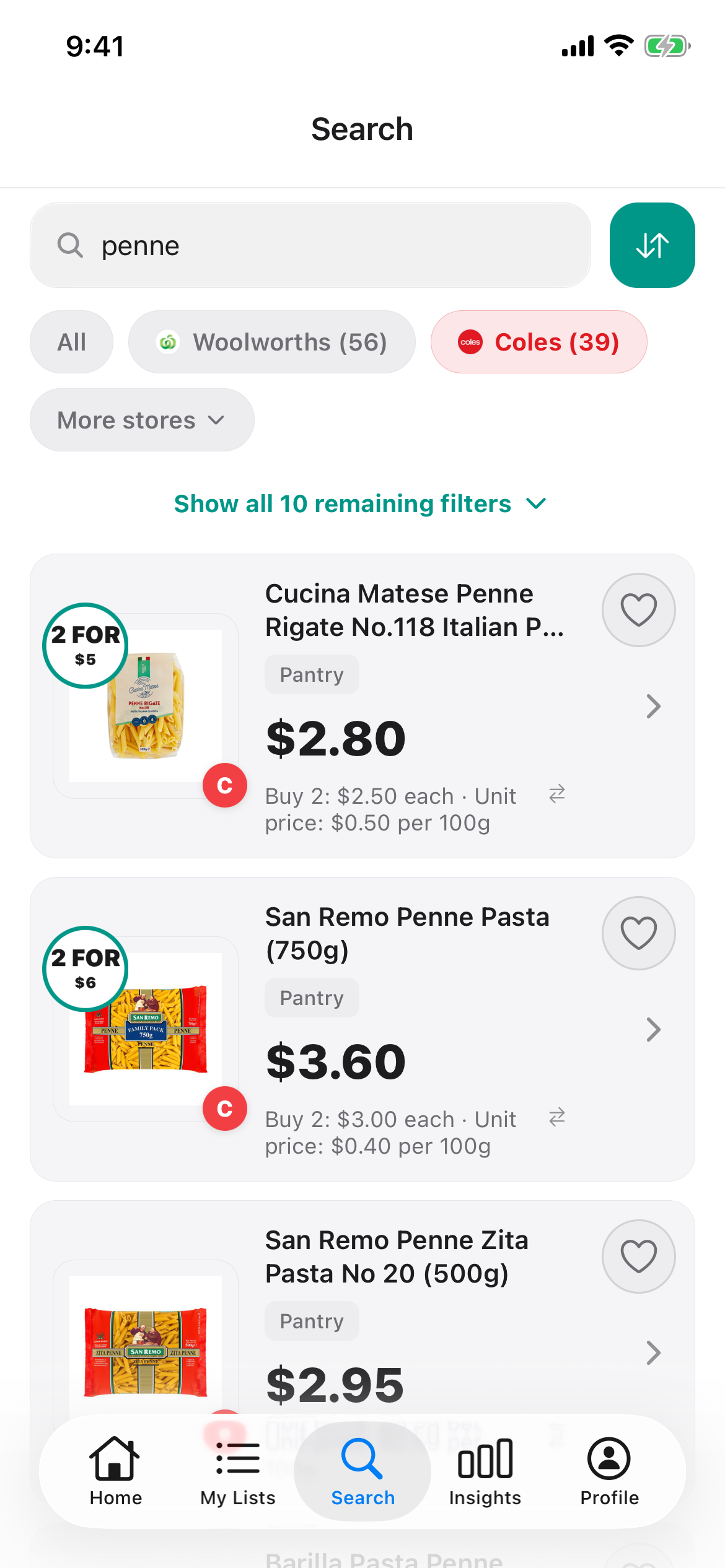 Discount Trolley Coles search for penne on 12 October 2026, with shelf price and unit price per 100g on each pack.