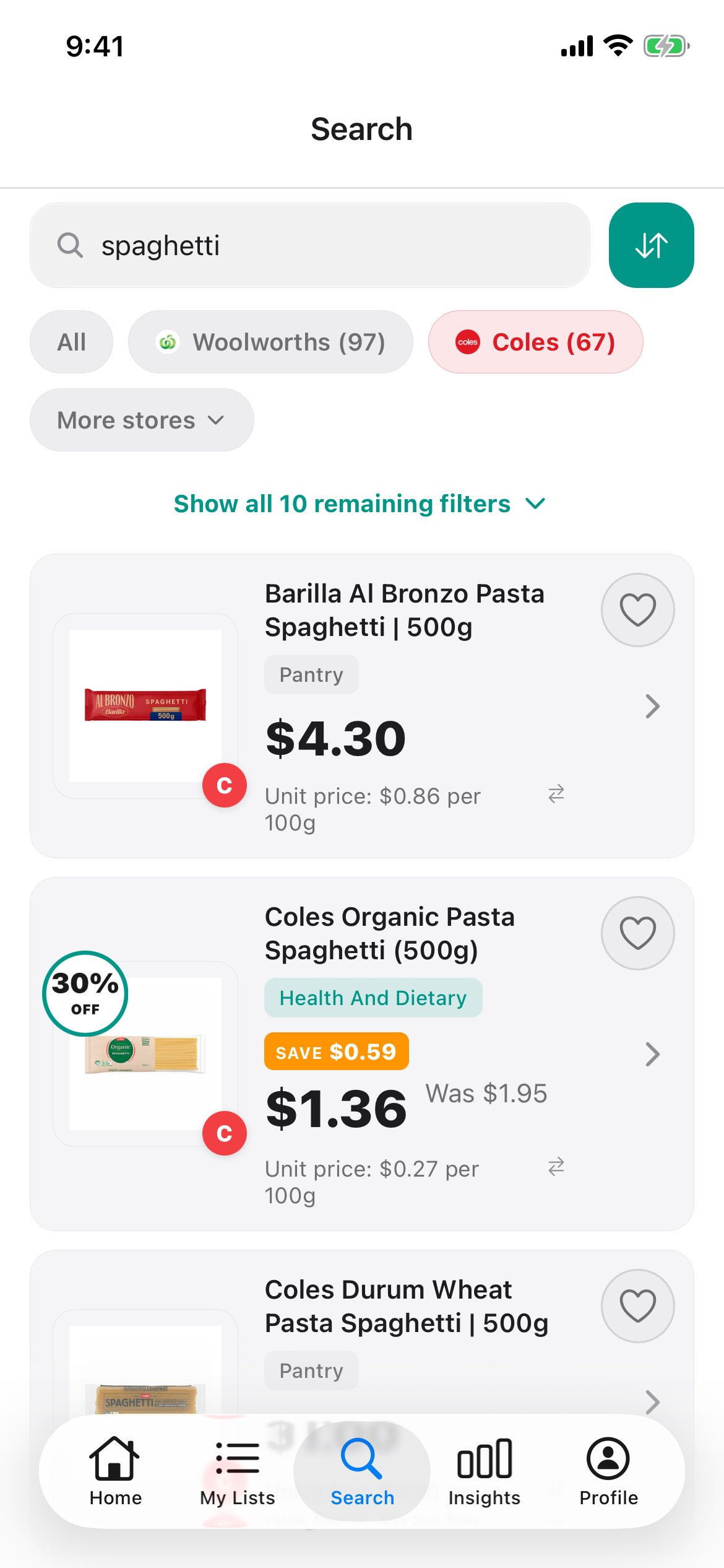 Discount Trolley Coles search for spaghetti on 12 October 2026, with shelf price and unit price per 100g on each pack.