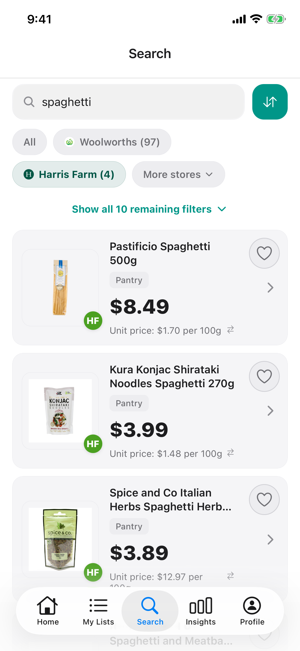Discount Trolley Harris Farm search for spaghetti on 12 October 2026, with shelf price and unit price per 100g on each pack.