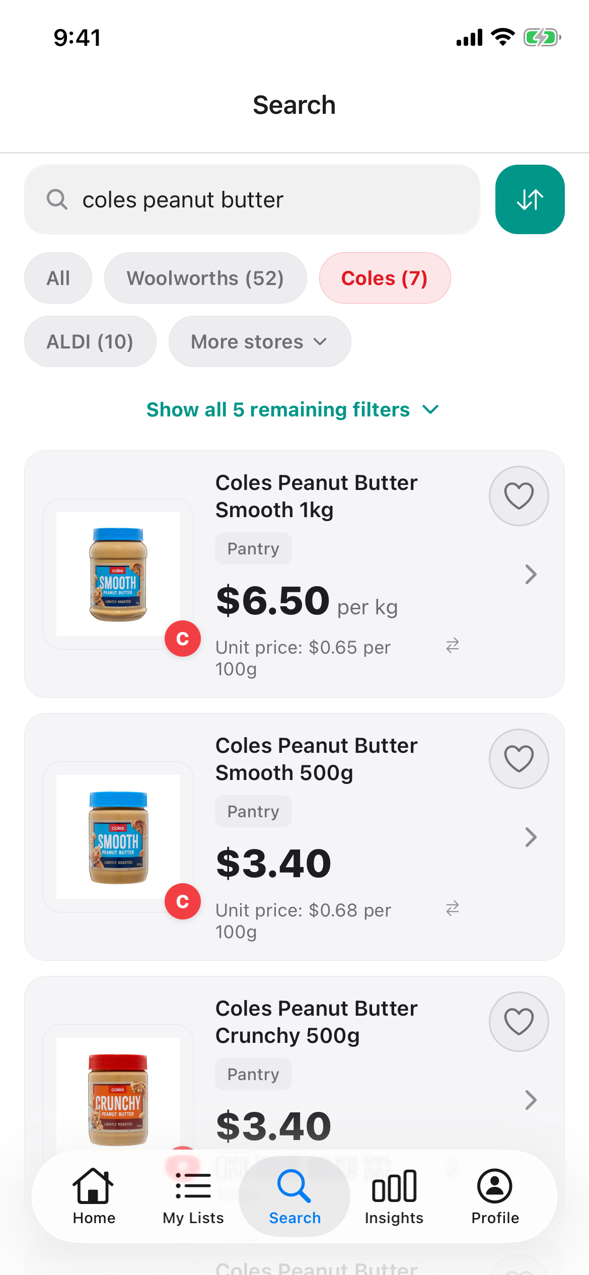 Coles peanut butter search on 18 October 2026 showing Coles smooth peanut butter in 1kg and 500g sizes and crunchy in 500g, each with its price per 100g.