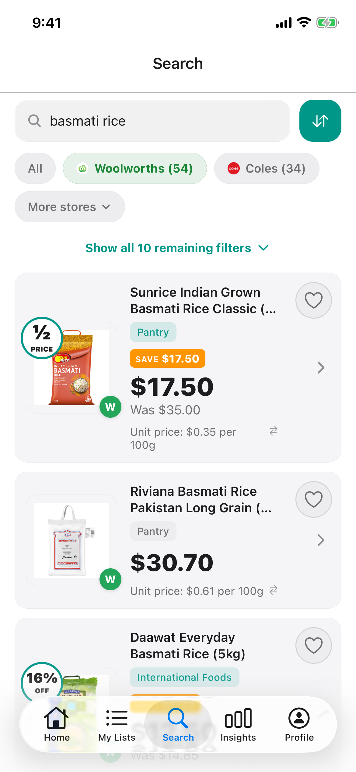 Discount Trolley Woolworths search for basmati rice on 11 October 2026, with shelf price and unit price per 100g on each bag.