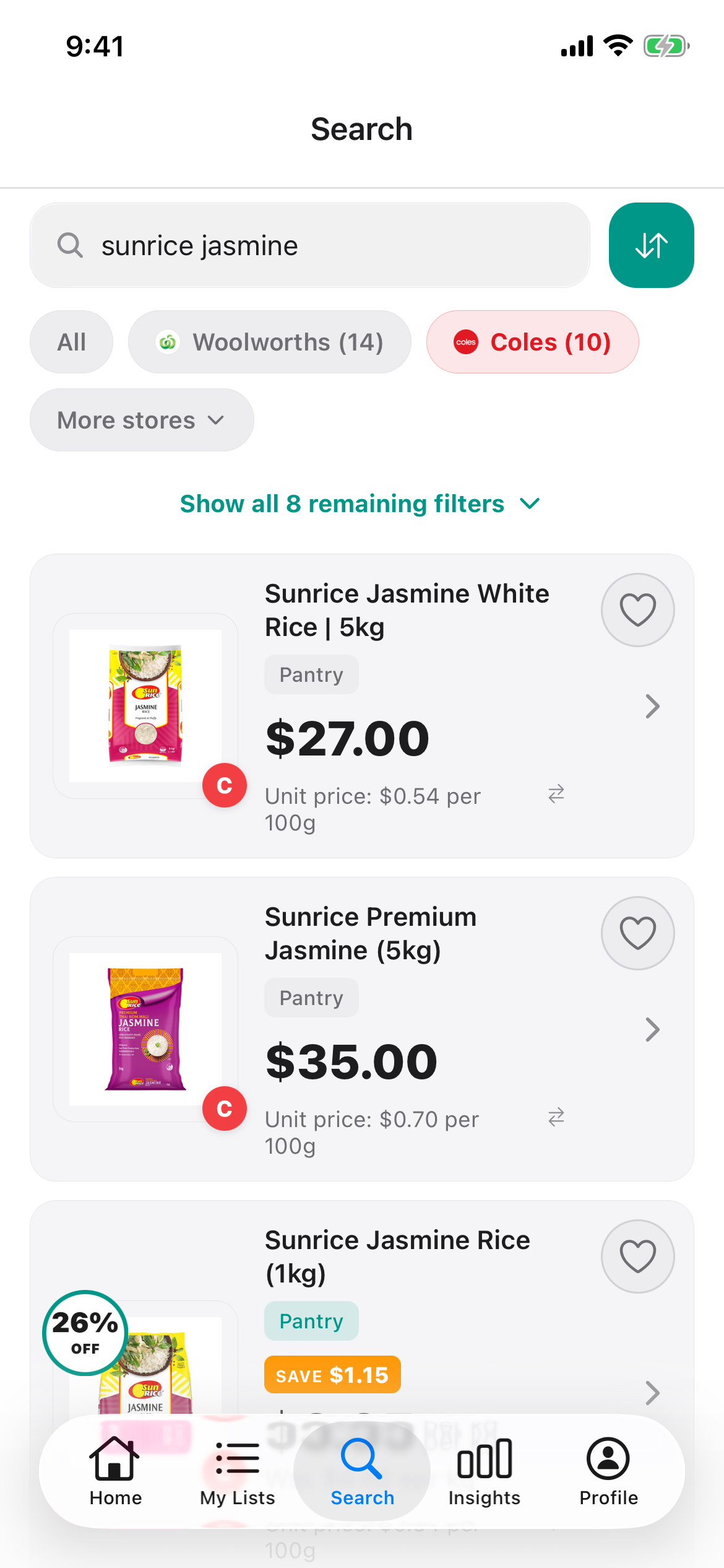 Discount Trolley Coles search for Sunrice jasmine rice on 11 October 2026, with shelf price and unit price per 100g on each bag.
