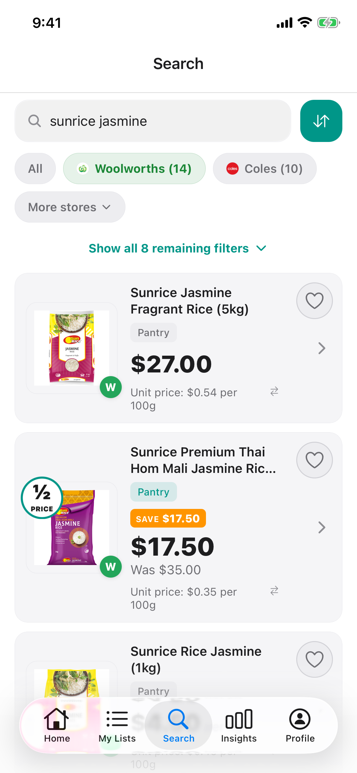 Discount Trolley Woolworths search for Sunrice jasmine rice on 11 October 2026, with shelf price and unit price per 100g on each bag.