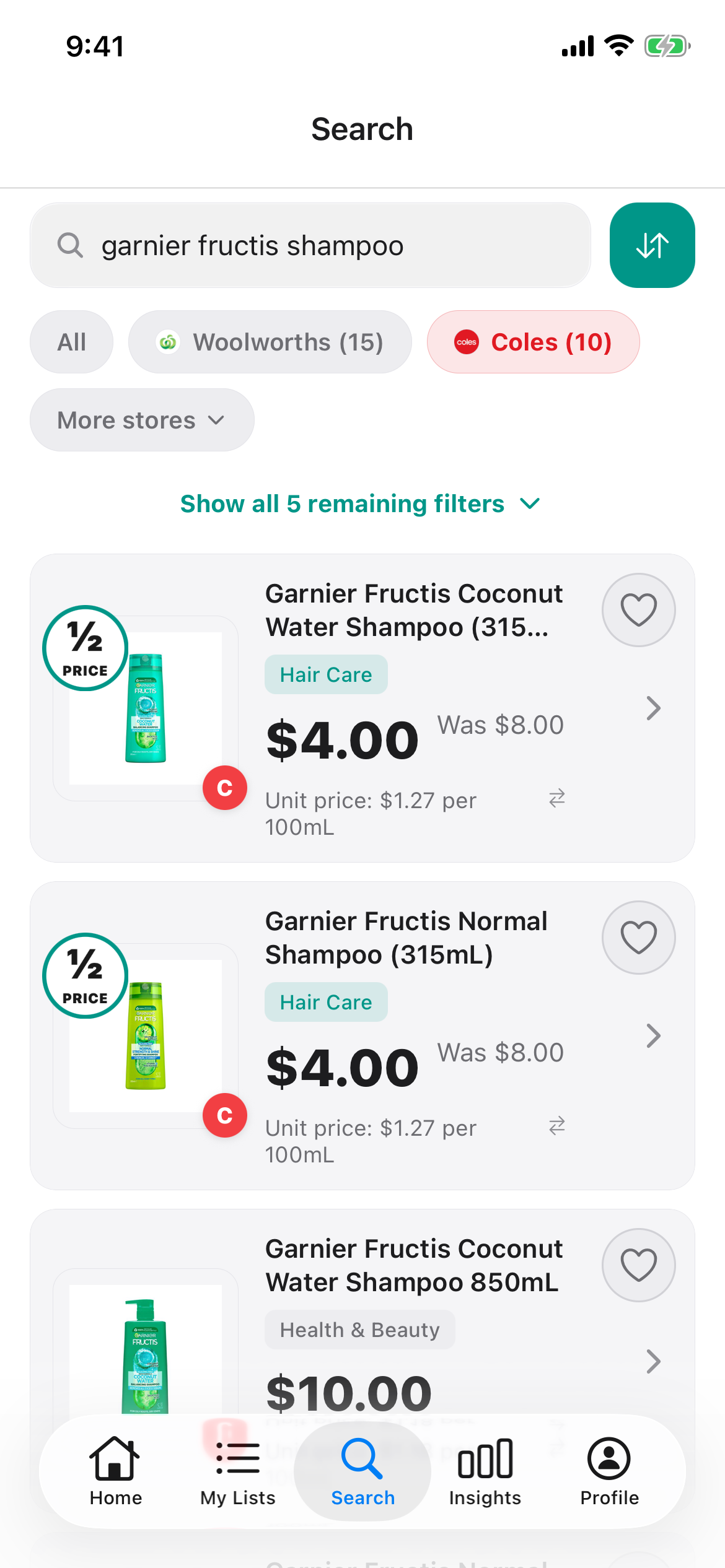 Garnier Fructis Shampoo at Coles in Discount Trolley on 30 October 2026: Coconut Water and Normal 315mL at 4 dollars each, and Coconut Water 850mL at 10 dollars.