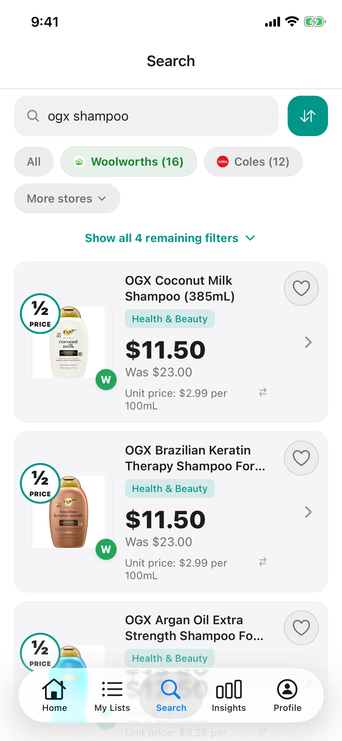 OGX Shampoo 385mL at Woolworths in Discount Trolley on 30 October 2026: Coconut Milk and Brazilian Keratin Therapy at 11 dollars 50 each, or 2 dollars 99 per 100mL.