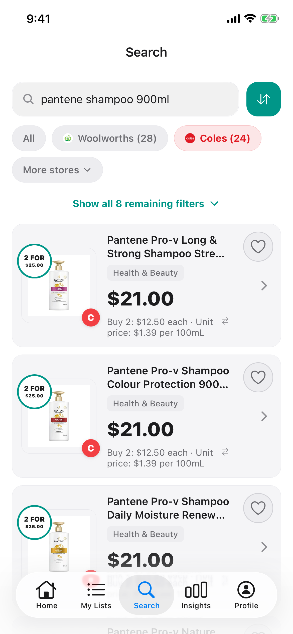 Pantene Pro-V Shampoo 900mL at Coles in Discount Trolley on 30 October 2026 at 21 dollars, or two for 25 dollars, which is 1 dollar 39 per 100mL.
