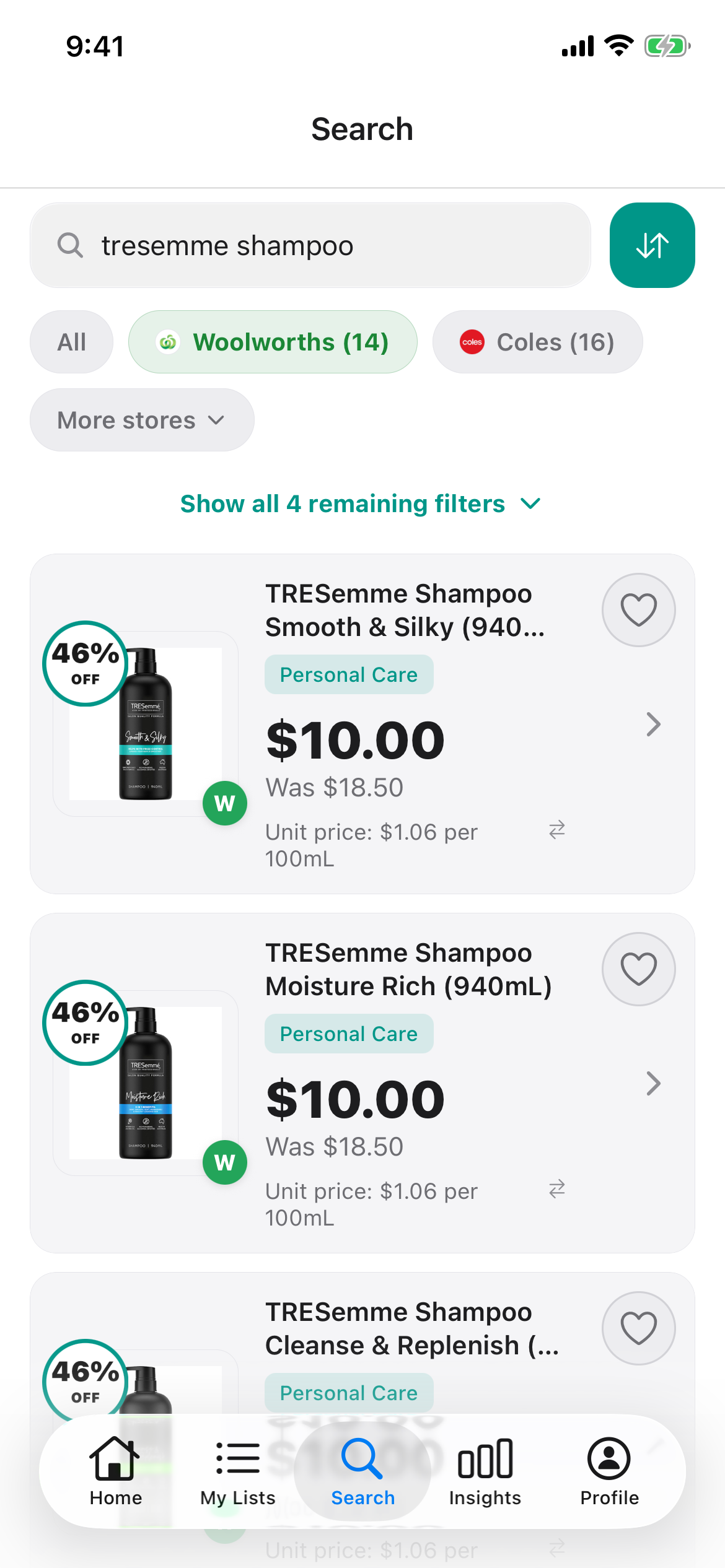 TRESemme Shampoo 940mL at Woolworths in Discount Trolley on 30 October 2026: Smooth and Silky and Moisture Rich at 10 dollars each, or 1 dollar 06 per 100mL.
