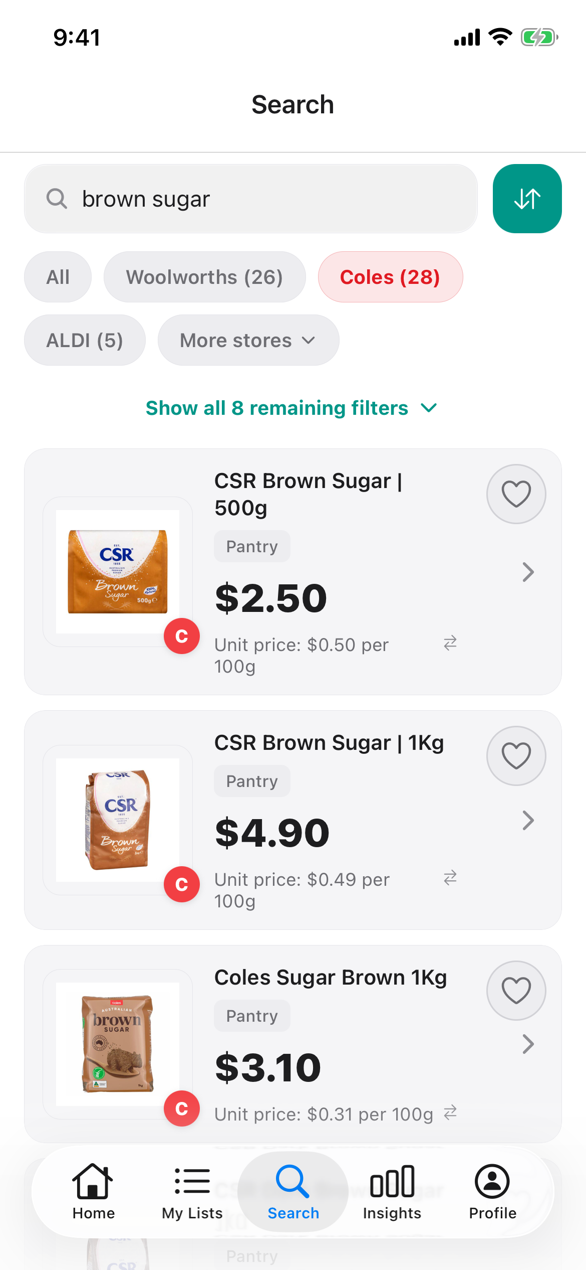 Coles search for brown sugar on 20 October 2026 showing CSR Brown Sugar 500g and 1kg and Coles brown sugar 1kg, each with its shelf price and unit price per 100g.