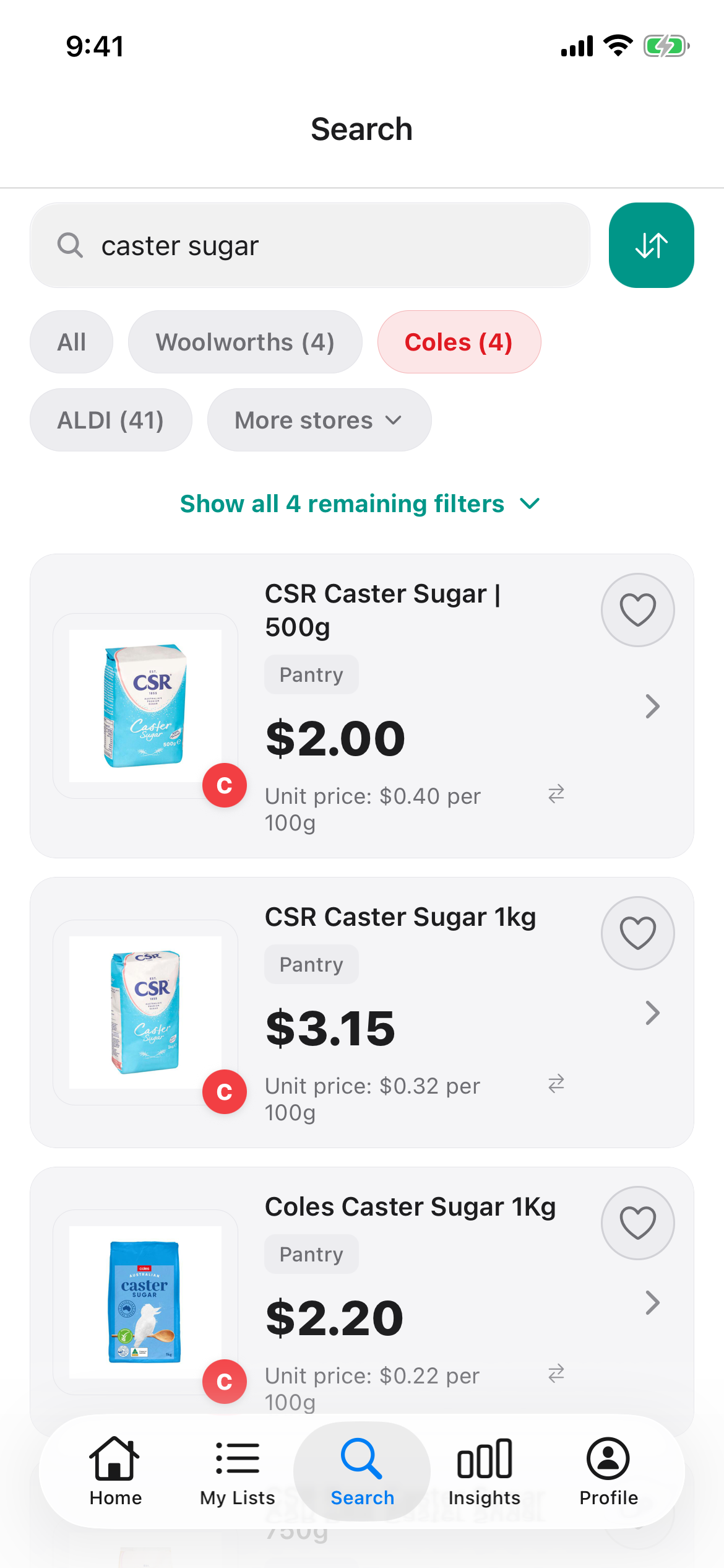 Coles search for caster sugar on 20 October 2026 showing CSR Caster Sugar 500g and 1kg and Coles caster sugar 1kg, each with its shelf price and unit price per 100g.