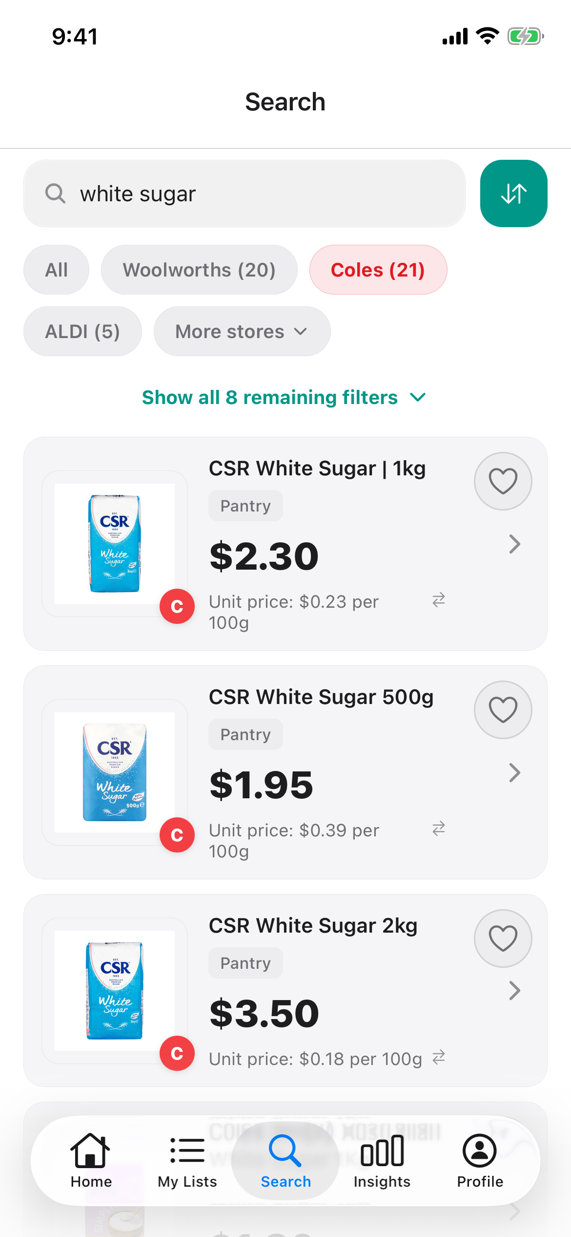 Coles search for white sugar on 20 October 2026 showing CSR White Sugar in 1kg, 500g and 2kg bags, each with its shelf price and unit price per 100g.