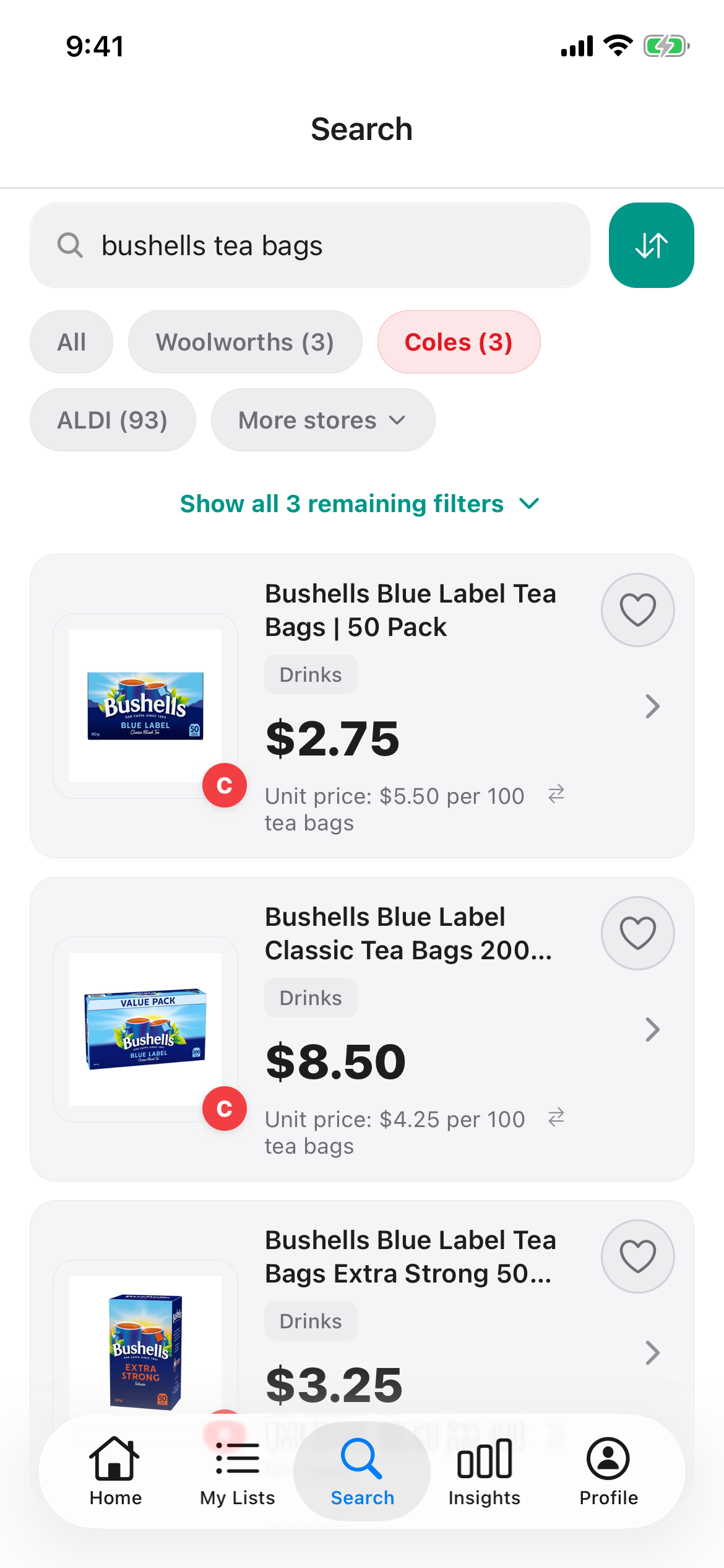 Bushells Blue Label tea bags at Coles in Discount Trolley on 24 Oct 2026: 50 pack $2.75, 200 pack $8.50 and Extra Strong 50 pack $3.25.