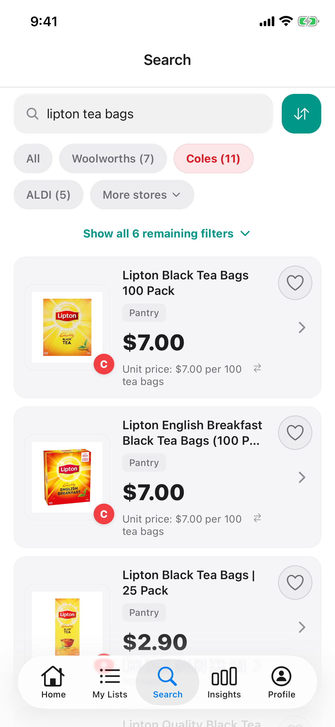 Lipton tea bags at Coles in Discount Trolley on 24 Oct 2026: Black 100 pack $7.00, English Breakfast 100 pack $7.00 and Black 25 pack $2.90.