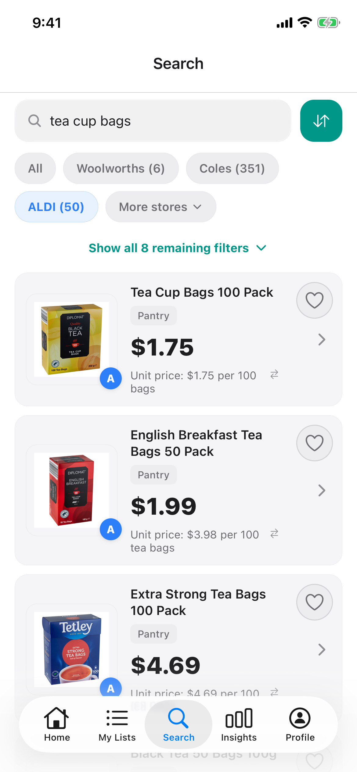 ALDI tea bags in Discount Trolley on 24 Oct 2026: Tea Cup Bags 100 pack $1.75, English Breakfast 50 pack $1.99 and Tetley Extra Strong 100 pack $4.69.