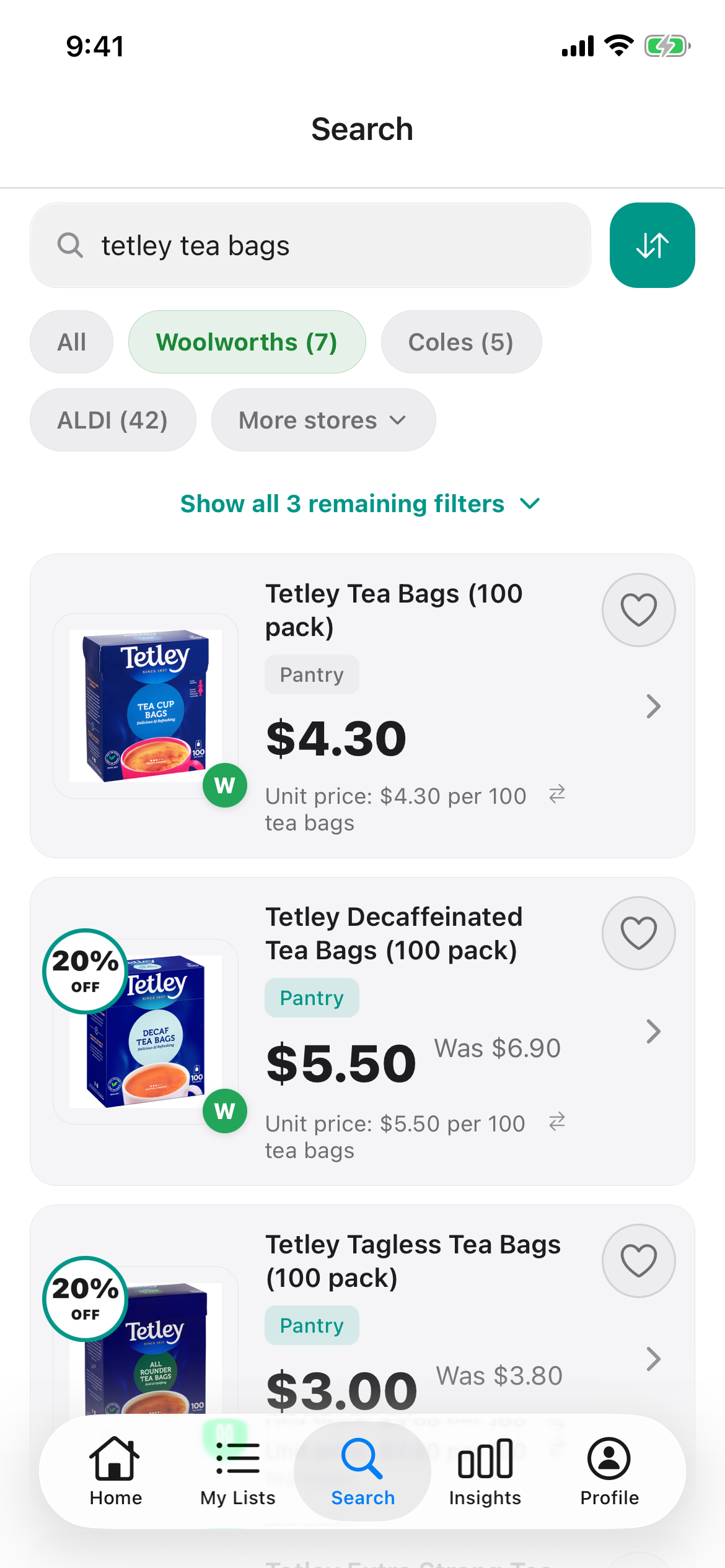 Tetley tea bags at Woolworths in Discount Trolley on 24 Oct 2026: 100 pack $4.30, Decaffeinated 100 pack $5.50 was $6.90 and Tagless 100 pack $3.00 was $3.80.