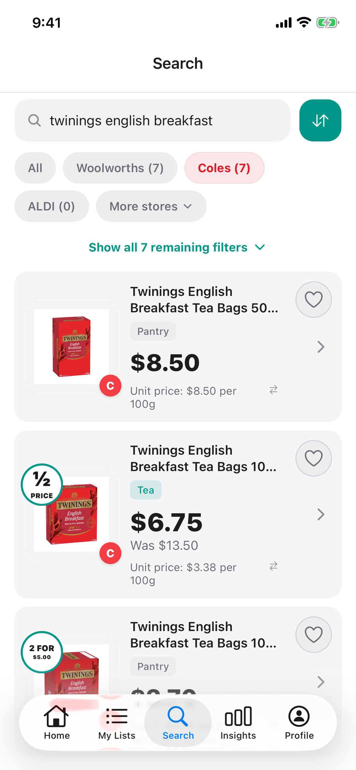 Twinings English Breakfast tea bags at Coles in Discount Trolley on 24 Oct 2026: 50 pack $8.50, and 100 pack $6.75, was $13.50, with unit prices per 100g.