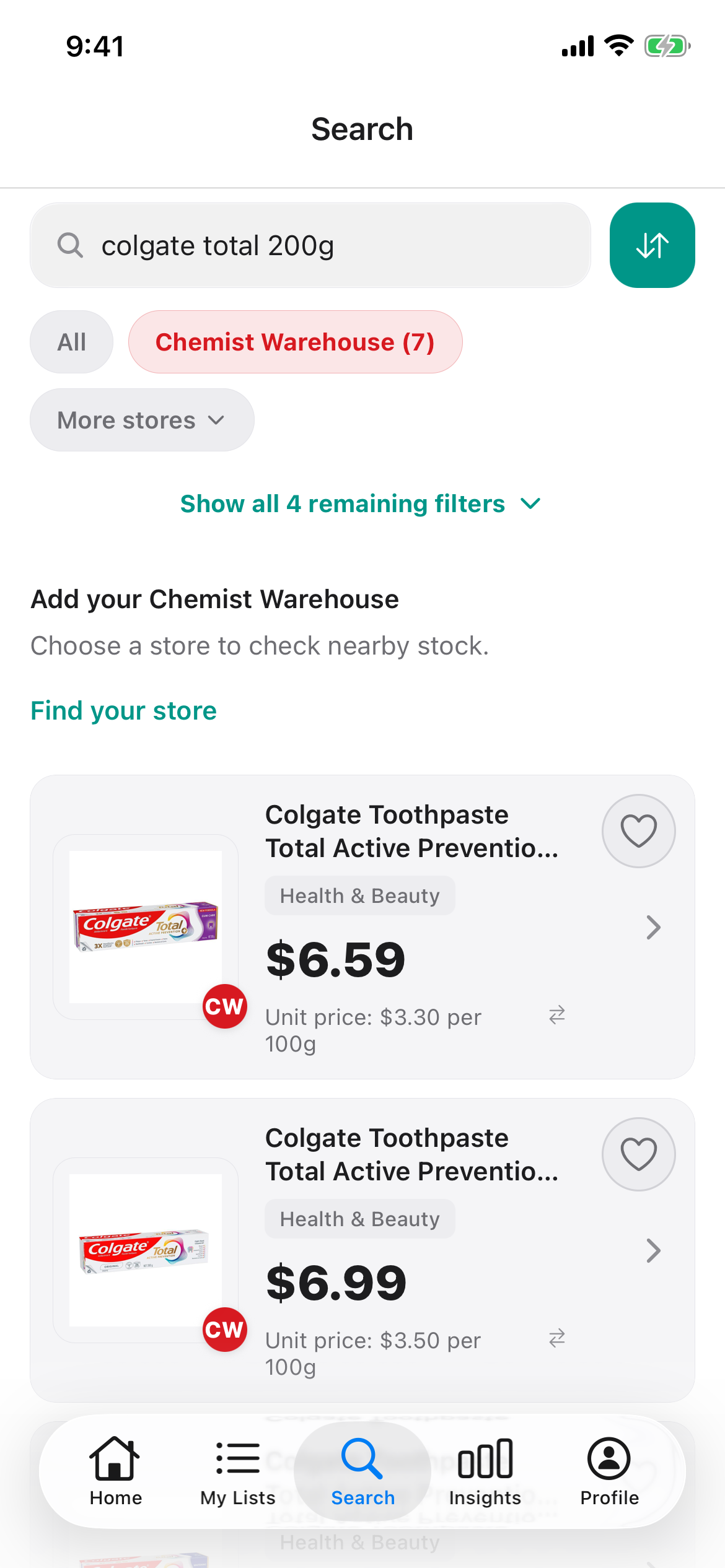 Chemist Warehouse search for Colgate Total 200g on 22 October 2026 showing two Colgate Total Active Prevention tubes, each with its shelf price and unit price per 100g.