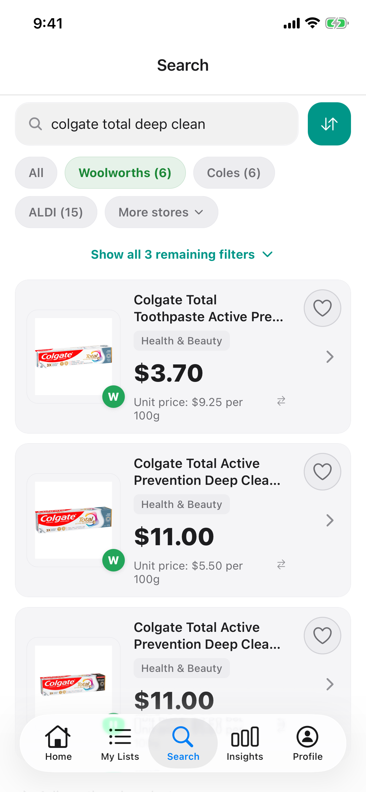 Woolworths search for Colgate Total Deep Clean on 22 October 2026 showing a 40g tube and two 200g tubes, each with its shelf price and unit price per 100g.