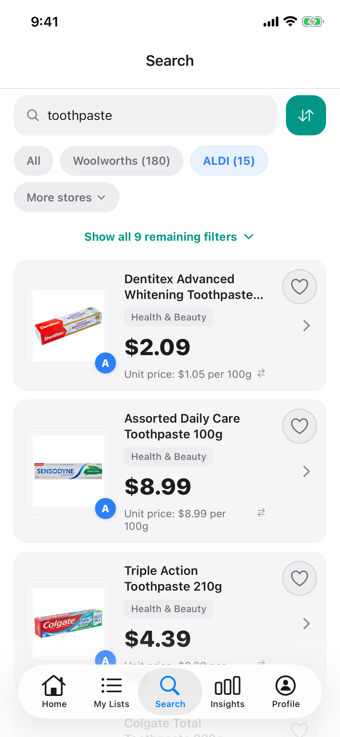 ALDI search for toothpaste on 22 October 2026 showing Dentitex Advanced Whitening 200g, Sensodyne Daily Care 100g and Colgate Triple Action 210g, each with its shelf price.