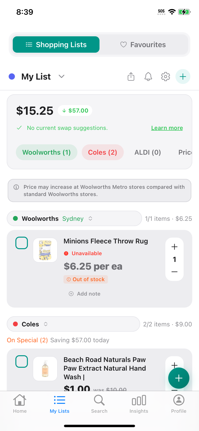Your list with store totals in Discount Trolley. Build the list on Free; live cross-store compare is Premium.