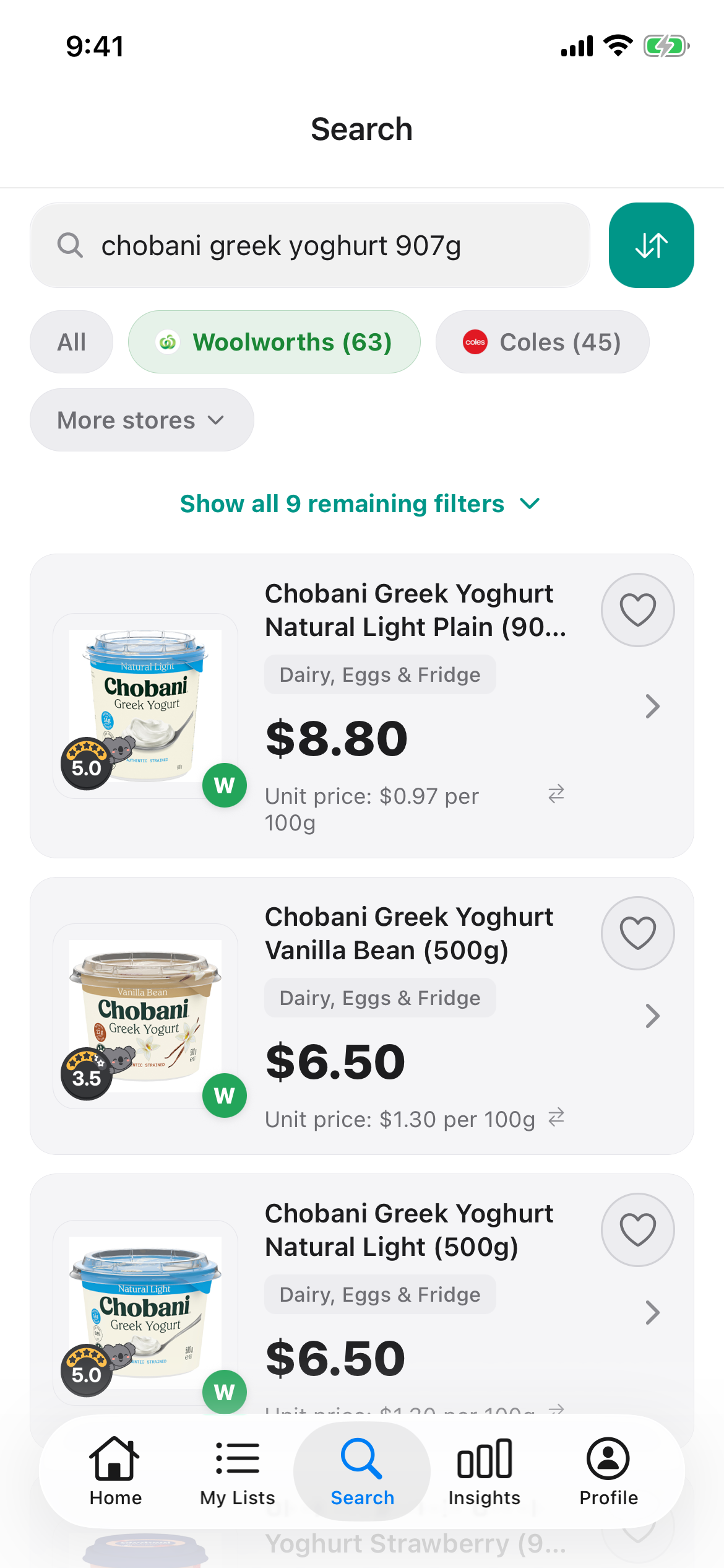 Chobani Greek yoghurt at Woolworths in Discount Trolley on 31 October 2026: Natural Light Plain 907g at 8 dollars 80, or 97 cents per 100g, and Natural Light 500g at 6 dollars 50.