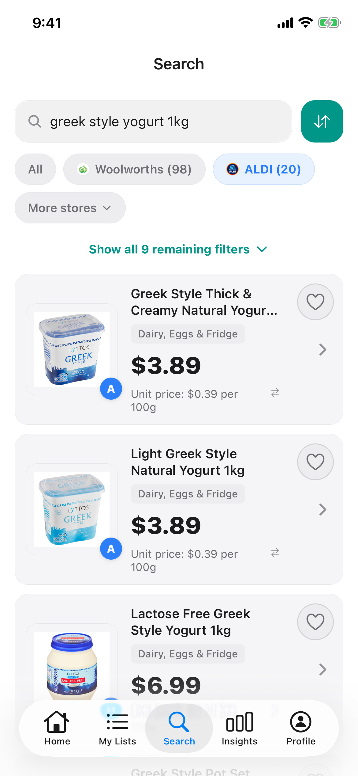 Greek style yogurt 1kg at ALDI in Discount Trolley on 31 October 2026: Thick and Creamy Natural and Light Greek Style Natural at 3 dollars 89 each, or 39 cents per 100g.