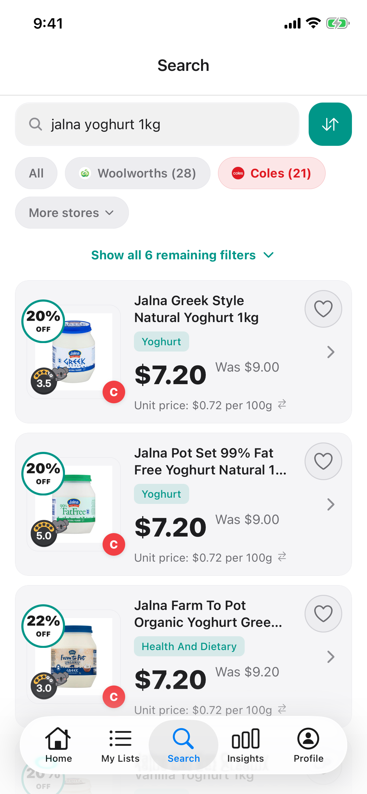 Jalna yoghurt 1kg at Coles in Discount Trolley on 31 October 2026: Greek Style Natural at 7 dollars 20, down from 9 dollars, or 72 cents per 100g.