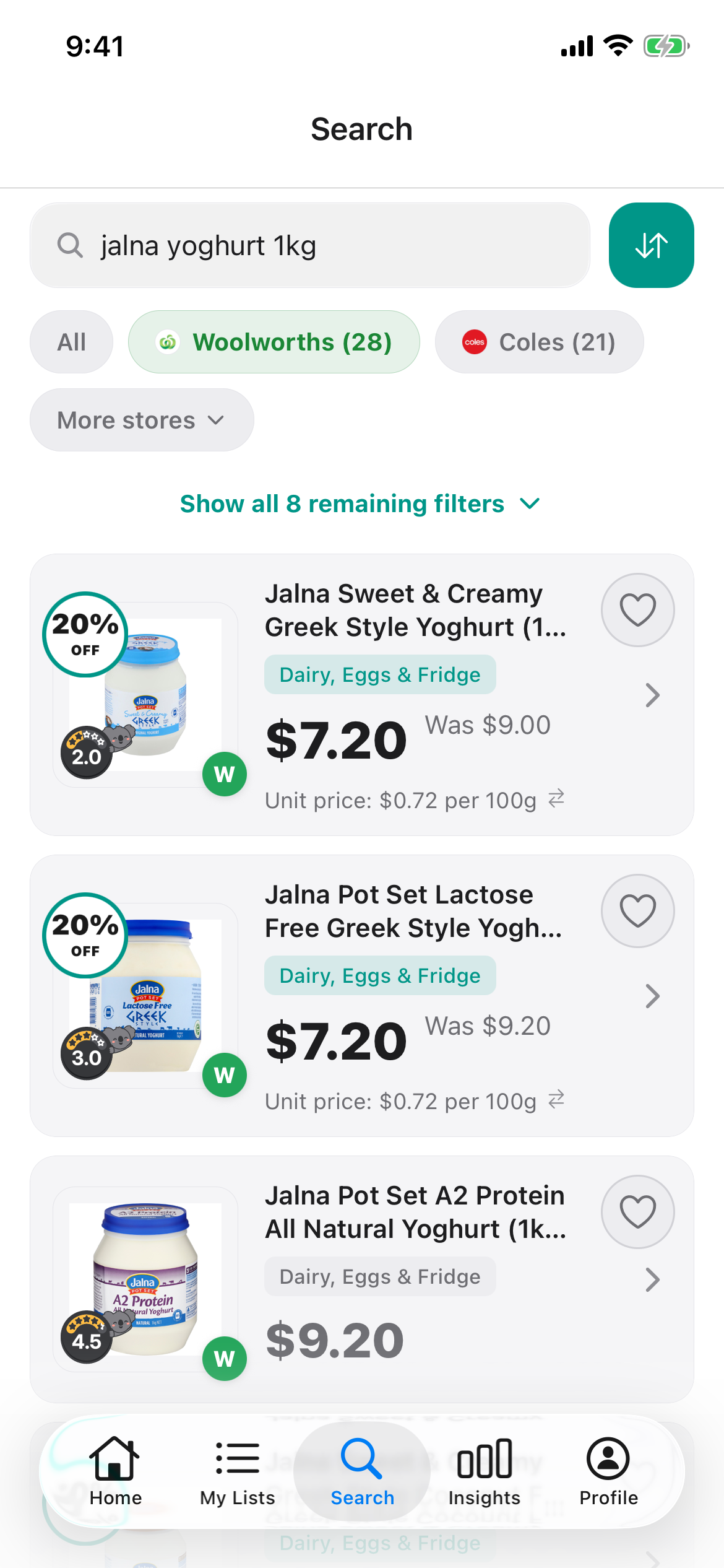 Jalna yoghurt 1kg at Woolworths in Discount Trolley on 31 October 2026: Sweet and Creamy Greek Style and Pot Set Lactose Free Greek Style at 7 dollars 20 each, or 72 cents per 100g.