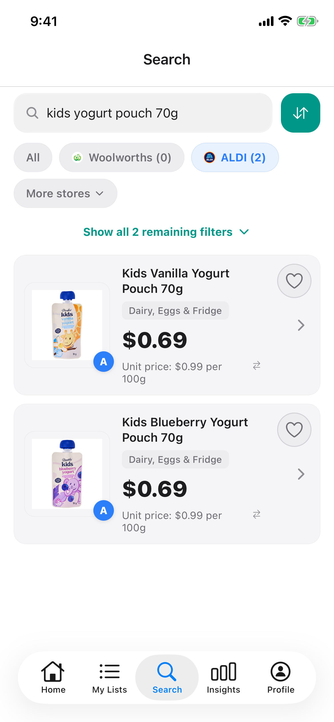Kids yogurt pouch at ALDI in Discount Trolley on 31 October 2026: Kids Vanilla Yogurt Pouch 70g at 69 cents, or 99 cents per 100g.