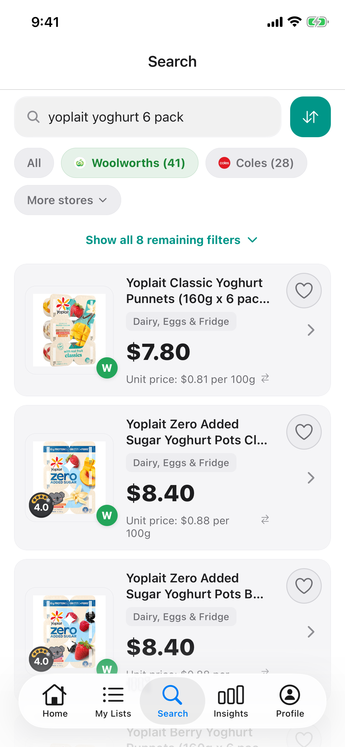 Yoplait yoghurt 6 packs at Woolworths in Discount Trolley on 31 October 2026: Classic Punnets 6 x 160g at 7 dollars 80, or 81 cents per 100g.